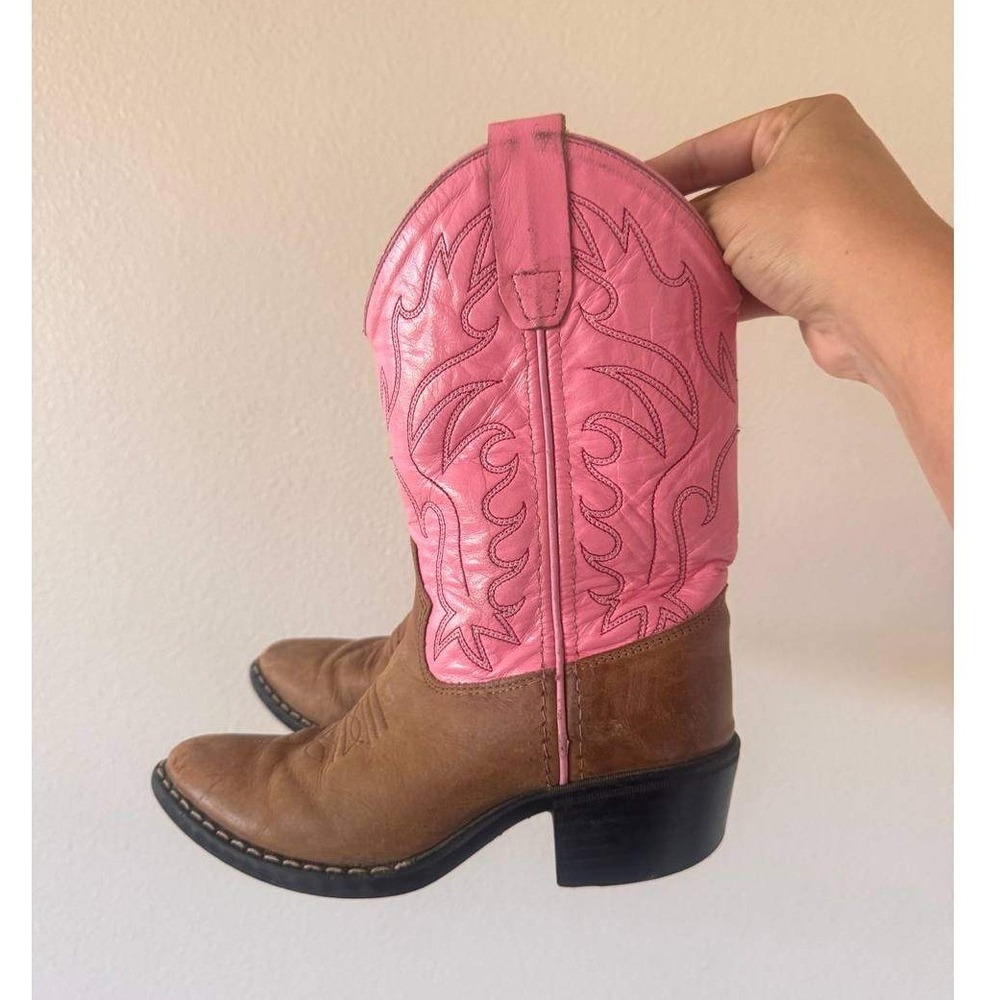Old West Girls Pink Brown Leather Western Cowboy Boots Country Festival 13